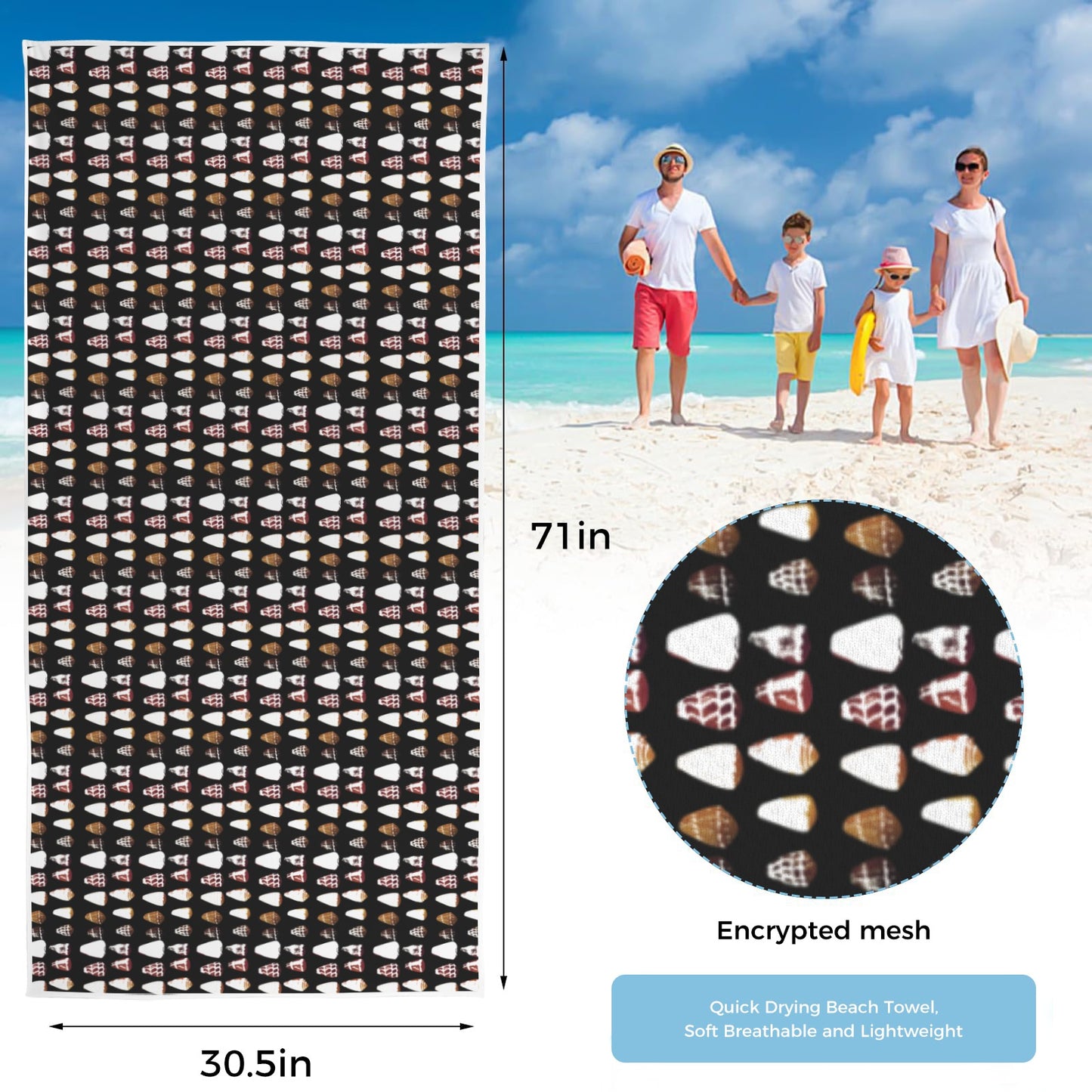 PUPU SHELL TOWEL Quick-Dry Beach Towel 30.5"x71"