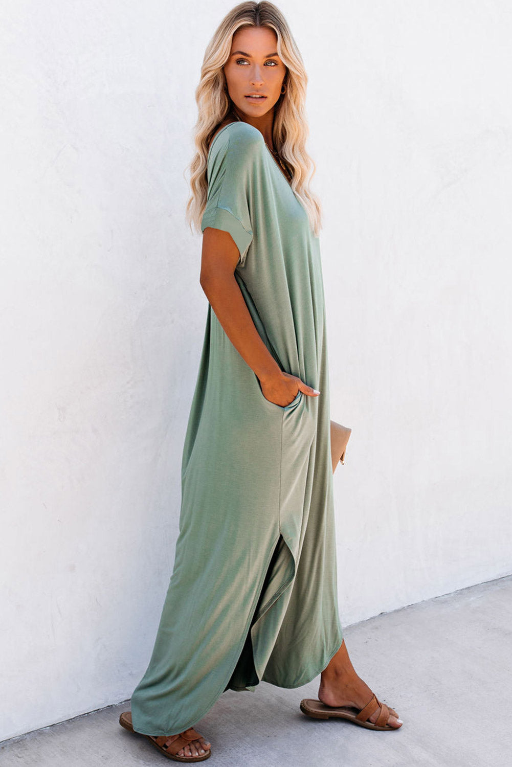 GRASS GREEN V Neck Hidden Pocket Splits Maxi T-shirt Dress