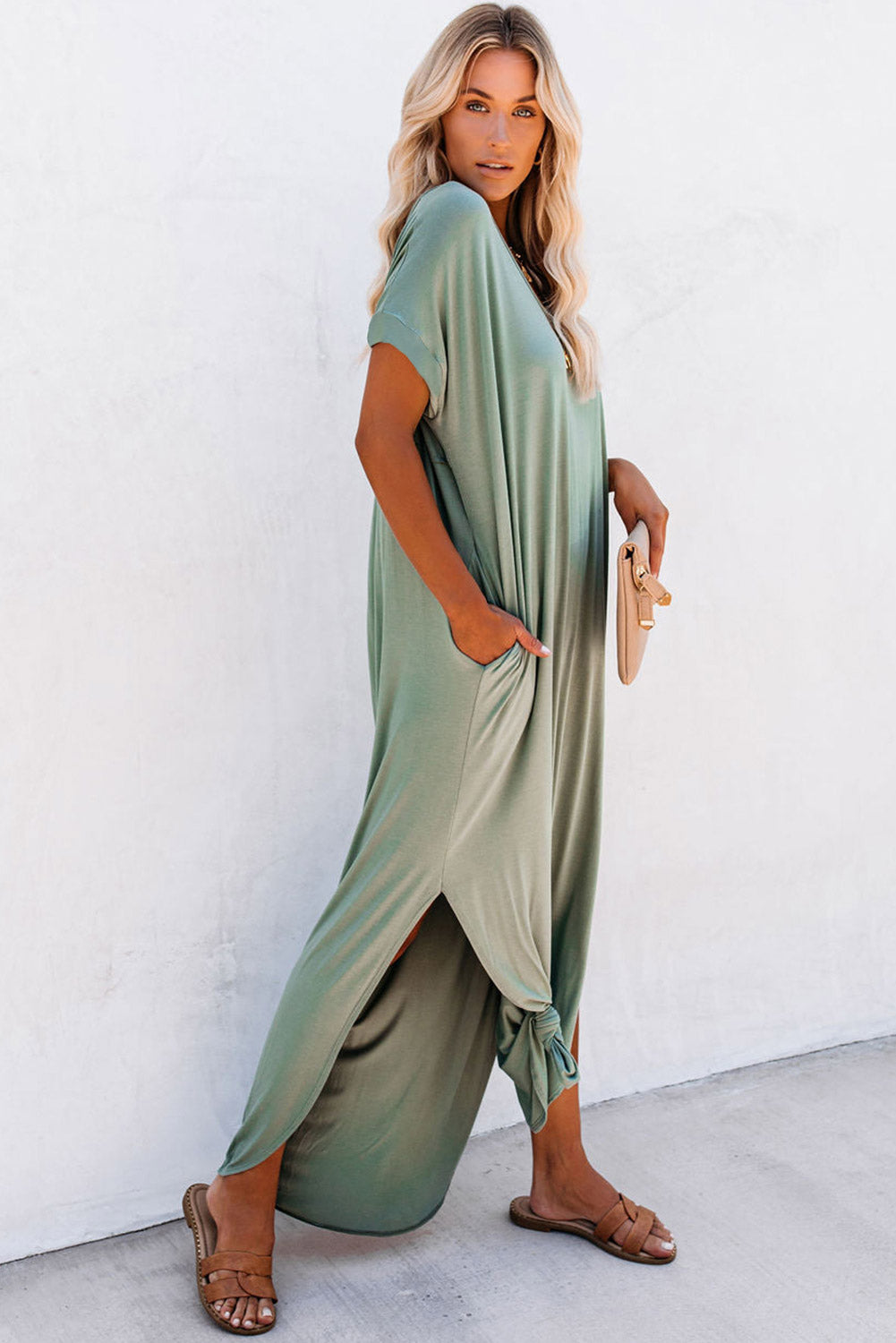 GRASS GREEN V Neck Hidden Pocket Splits Maxi T-shirt Dress