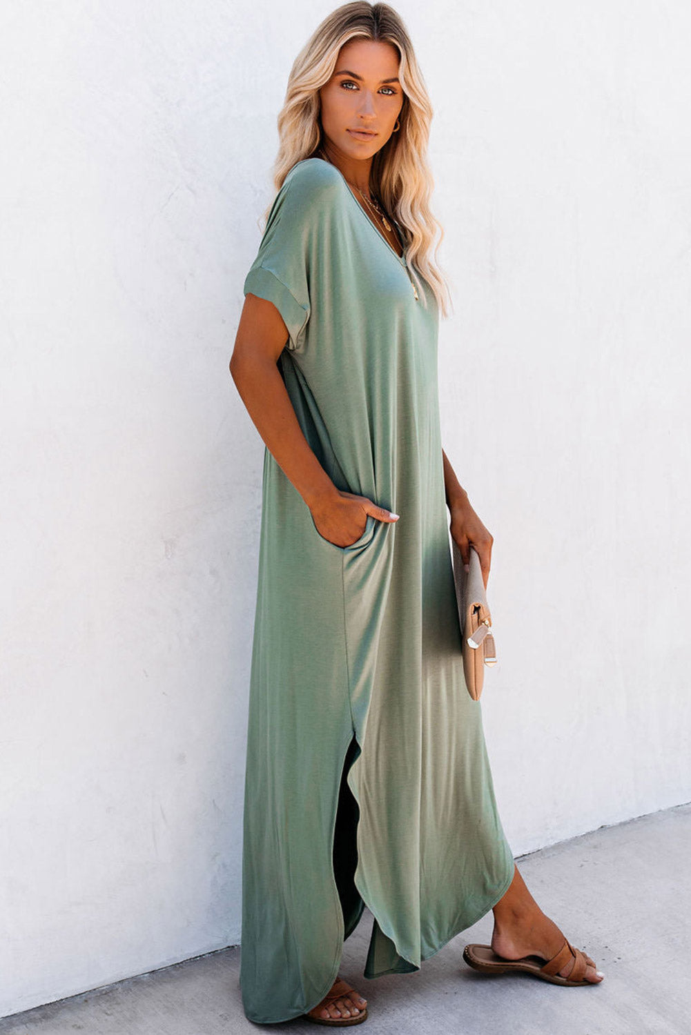 GRASS GREEN V Neck Hidden Pocket Splits Maxi T-shirt Dress