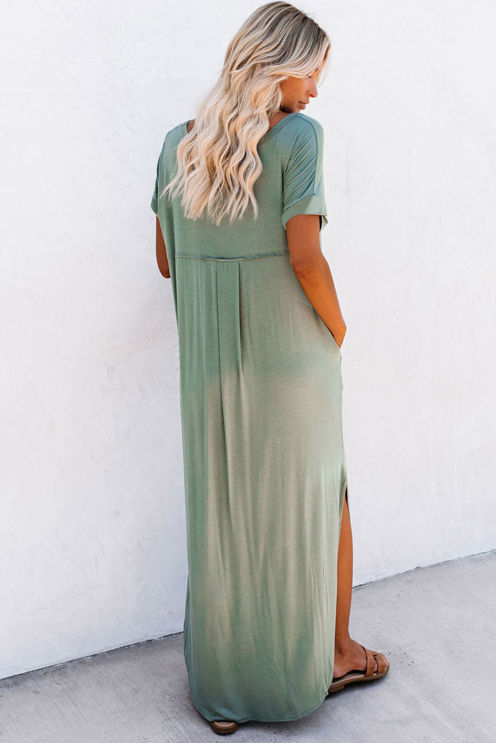 GRASS GREEN V Neck Hidden Pocket Splits Maxi T-shirt Dress