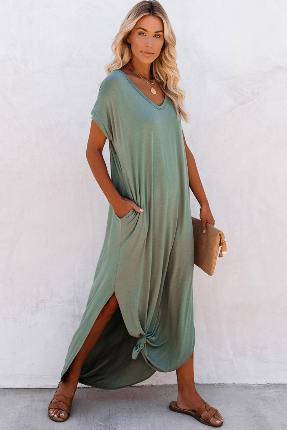 GRASS GREEN V Neck Hidden Pocket Splits Maxi T-shirt Dress