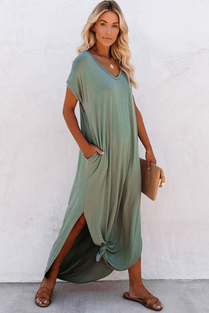 GRASS GREEN V Neck Hidden Pocket Splits Maxi T-shirt Dress
